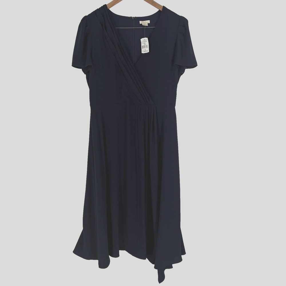 Shoshanna Dress Womens 12 Navy Wrap Fit & Flare Asym‎ Hem Flutter Sleeve Midi
